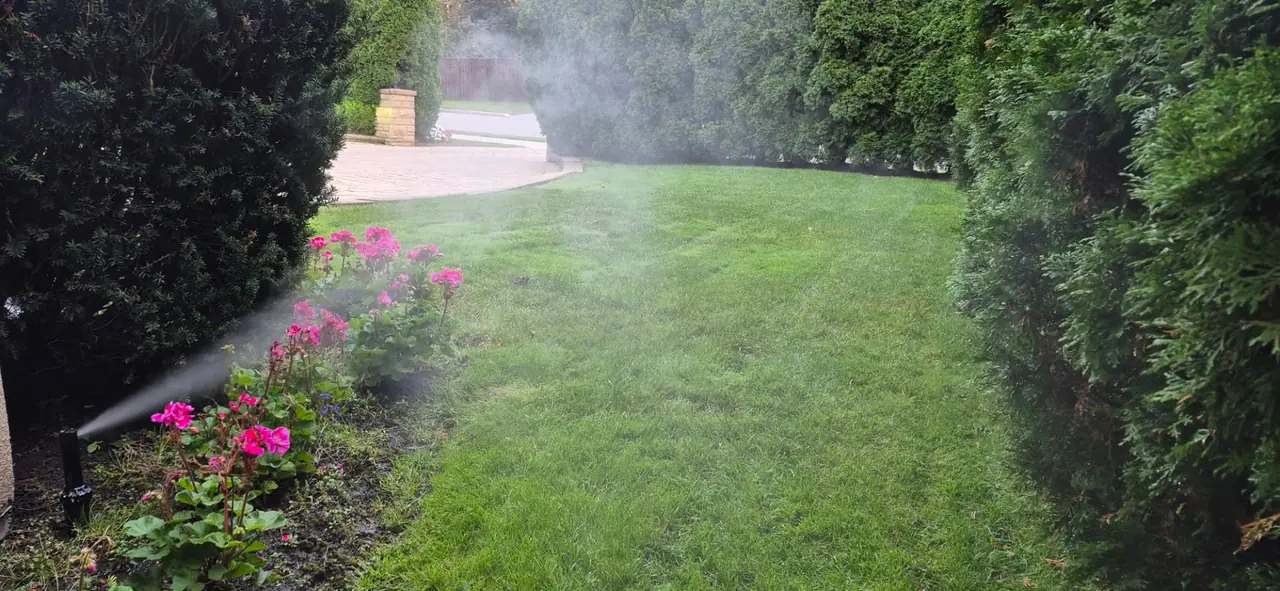 Only fine mist coming out of a sprinkler head along a walkway — the zone is dry