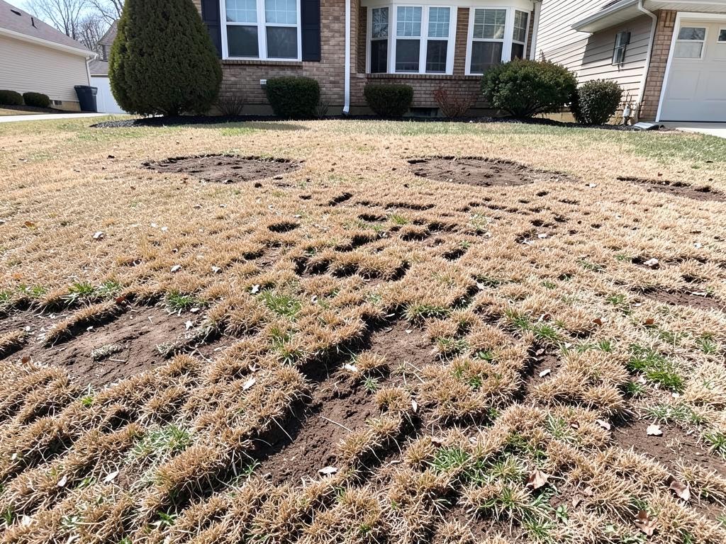 Dry patchy brown lawn before irrigation