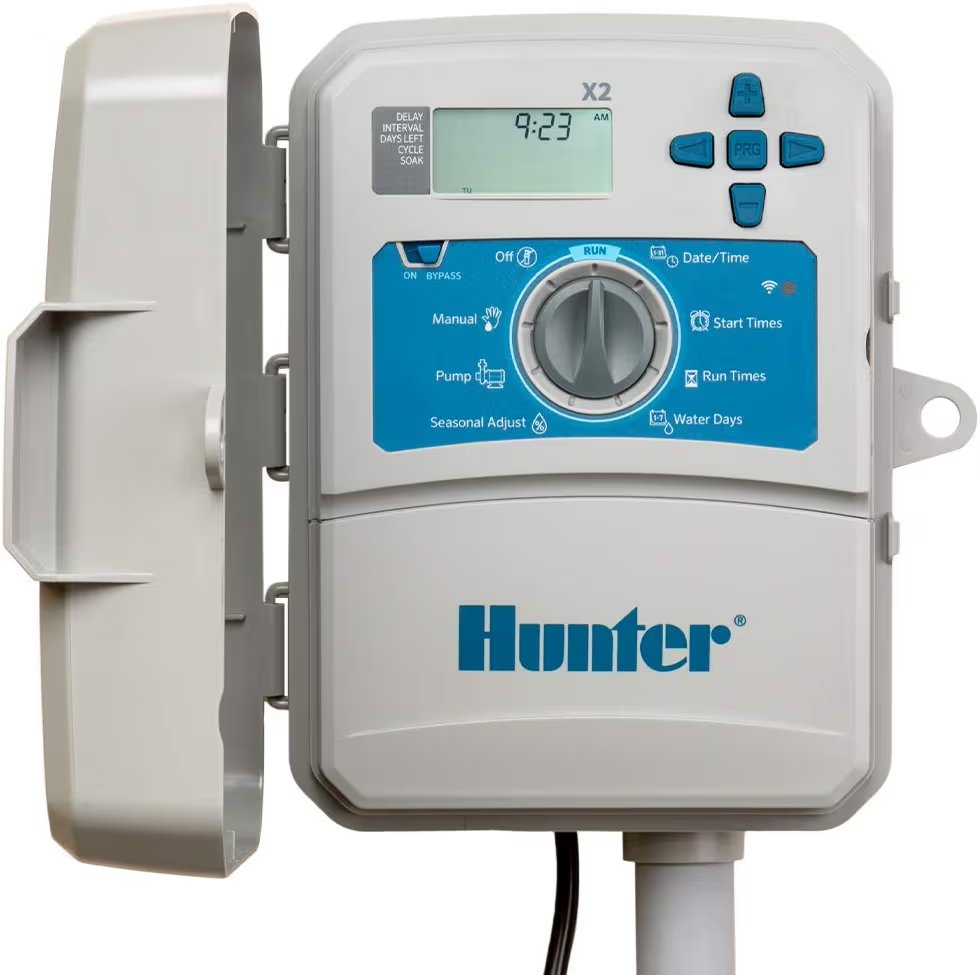 Hunter X2 smart irrigation controller installed on a wall
